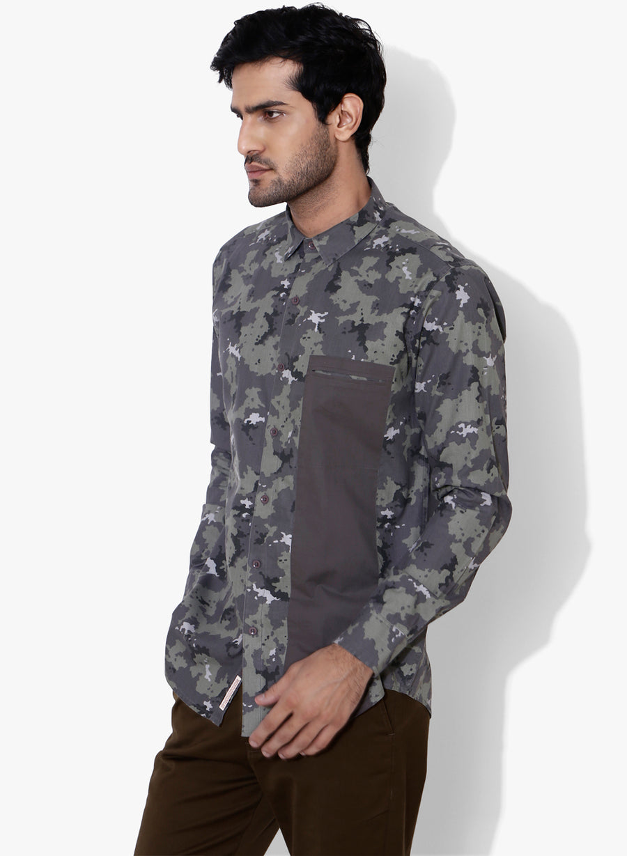 Camo Color Block Cutaway Collar Shirt