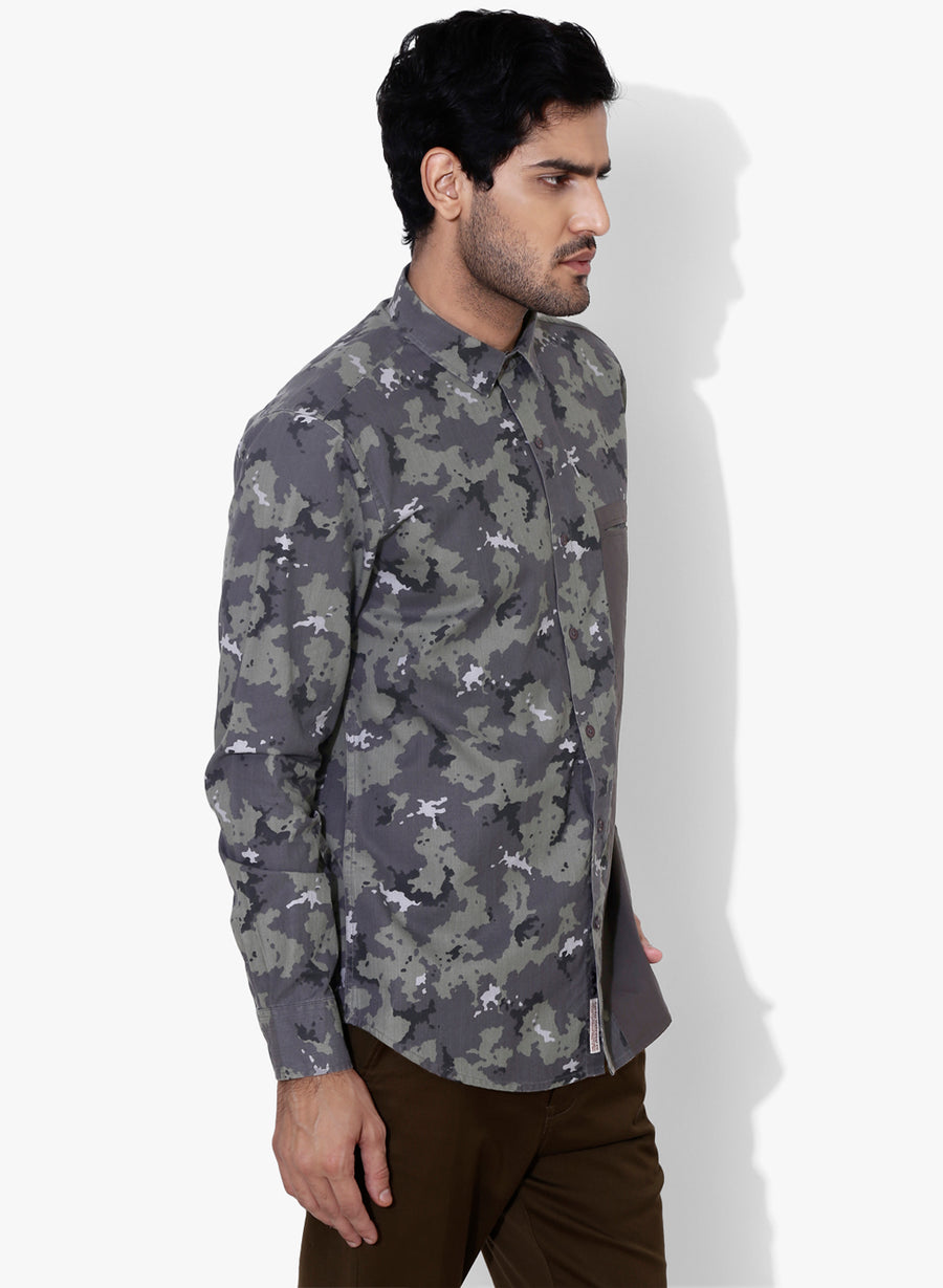 Camo Color Block Cutaway Collar Shirt