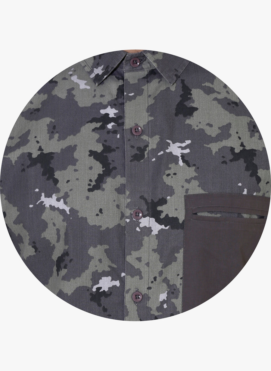 Camo Color Block Cutaway Collar Shirt