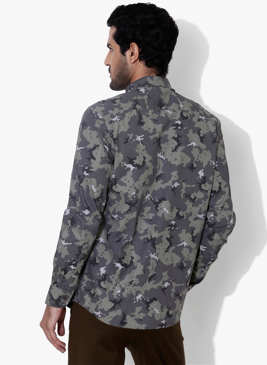 Camo Color Block Cutaway Collar Shirt