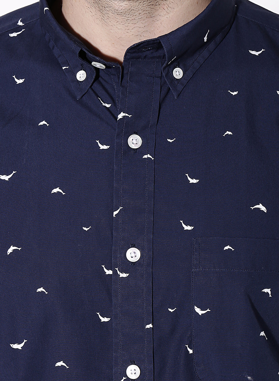 Dolphin Print Button Down Slim Fit Shirt