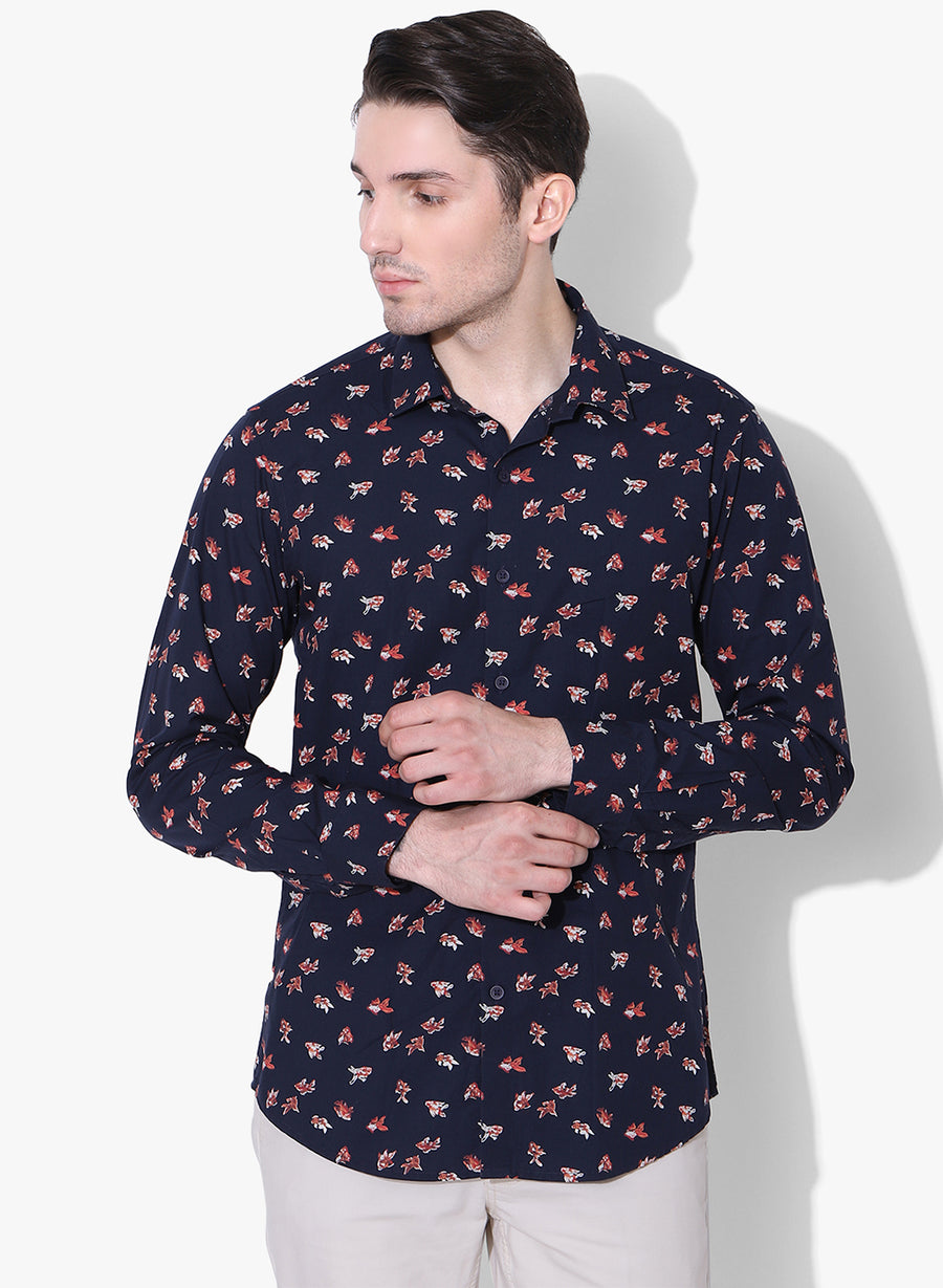 Calico Fish Print Cutaway Collar Shirt