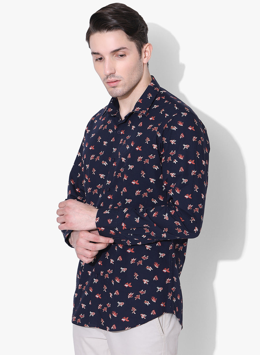 Calico Fish Print Cutaway Collar Shirt