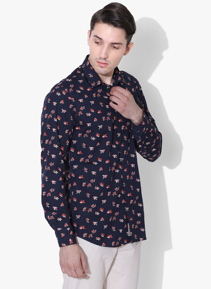 Calico Fish Print Cutaway Collar Shirt