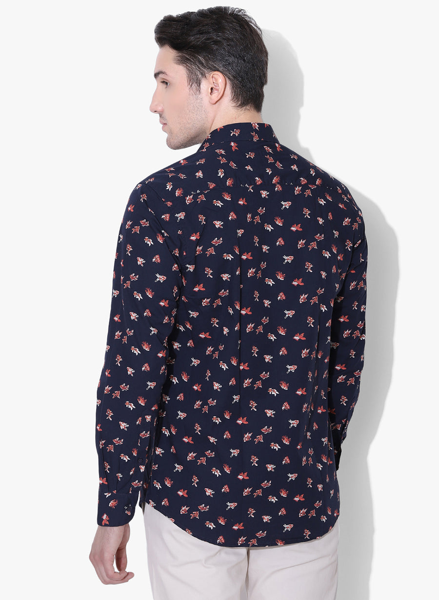 Calico Fish Print Cutaway Collar Shirt