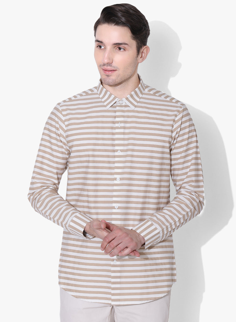 Beige Striper Cutaway Collar Shirt