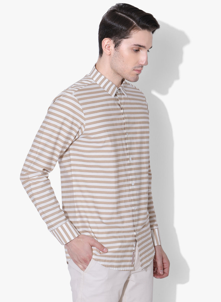 Beige Striper Cutaway Collar Shirt