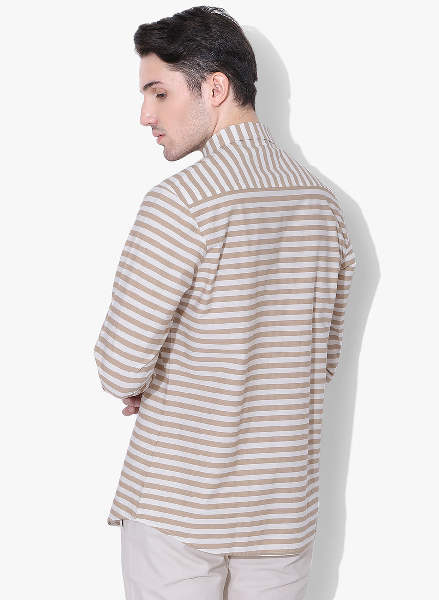 Beige Striper Cutaway Collar Shirt