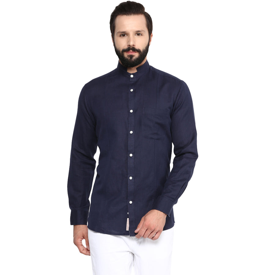 Indigo Cotton Linen Grandad Collar Slim Fit Shirt