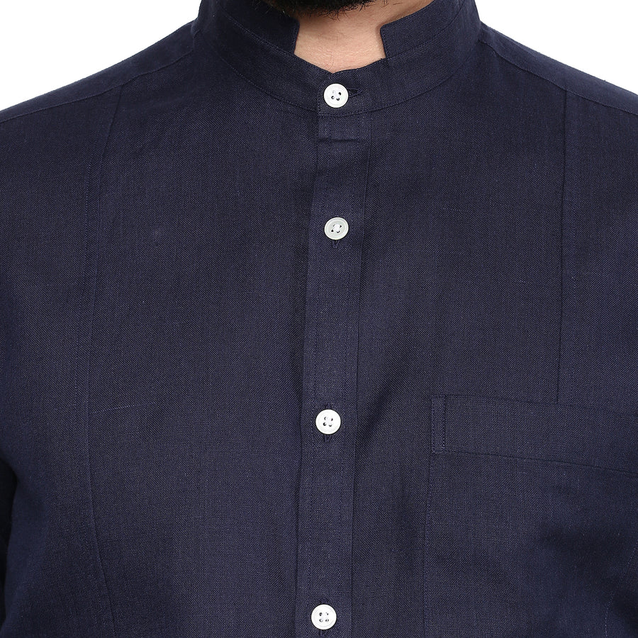 Indigo Cotton Linen Grandad Collar Slim Fit Shirt