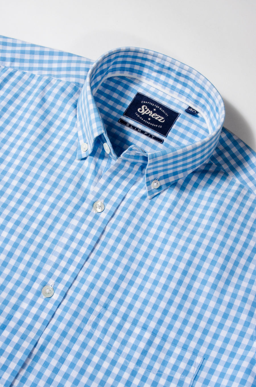 Light Blue Gingham Check Button Down Slim Fit Shirt