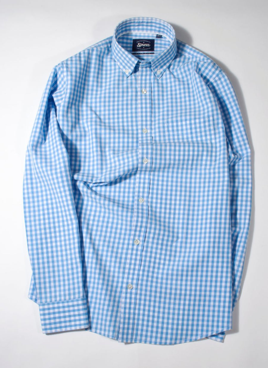 Light Blue Gingham Check Button Down Slim Fit Shirt