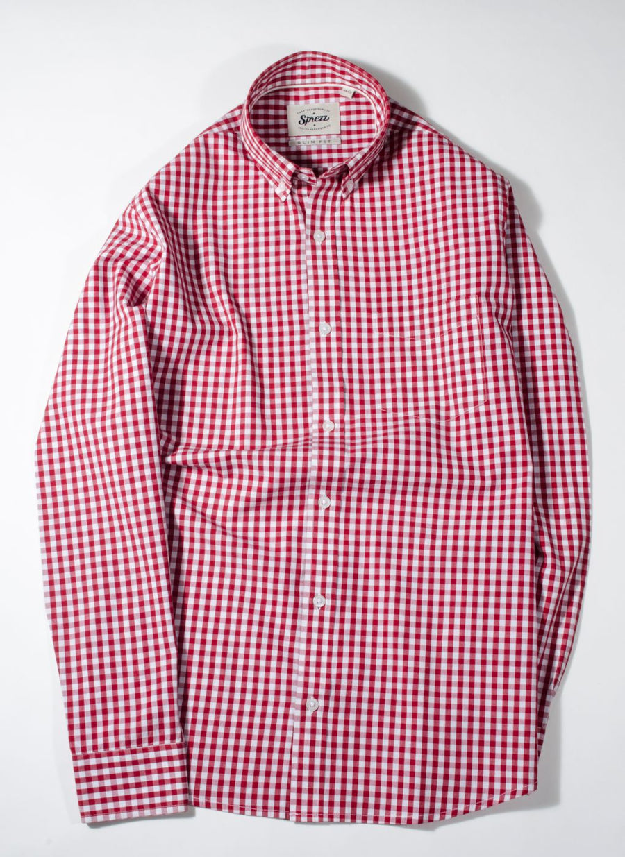 Red Gingham Check Button Down Slim Fit Shirt