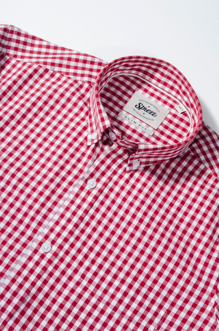 Red Gingham Check Button Down Slim Fit Shirt