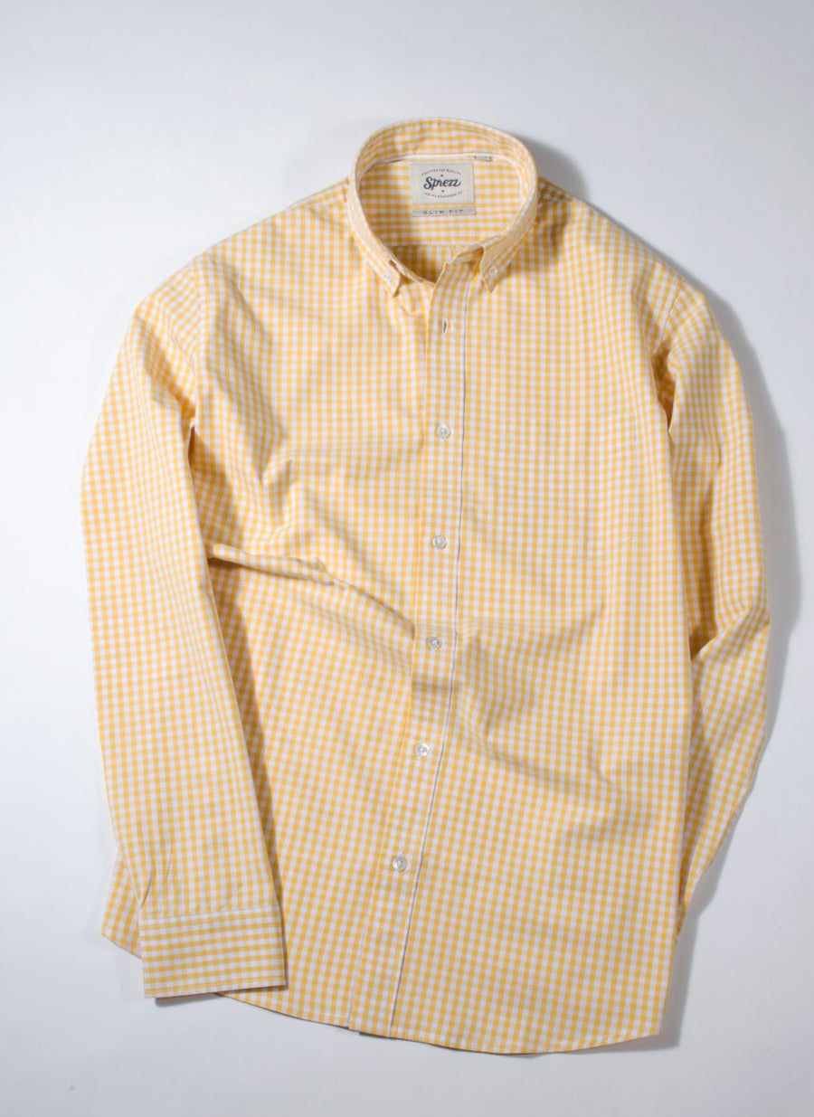 Pastel Yellow Gingham Check Button Down Slim Fit Shirt