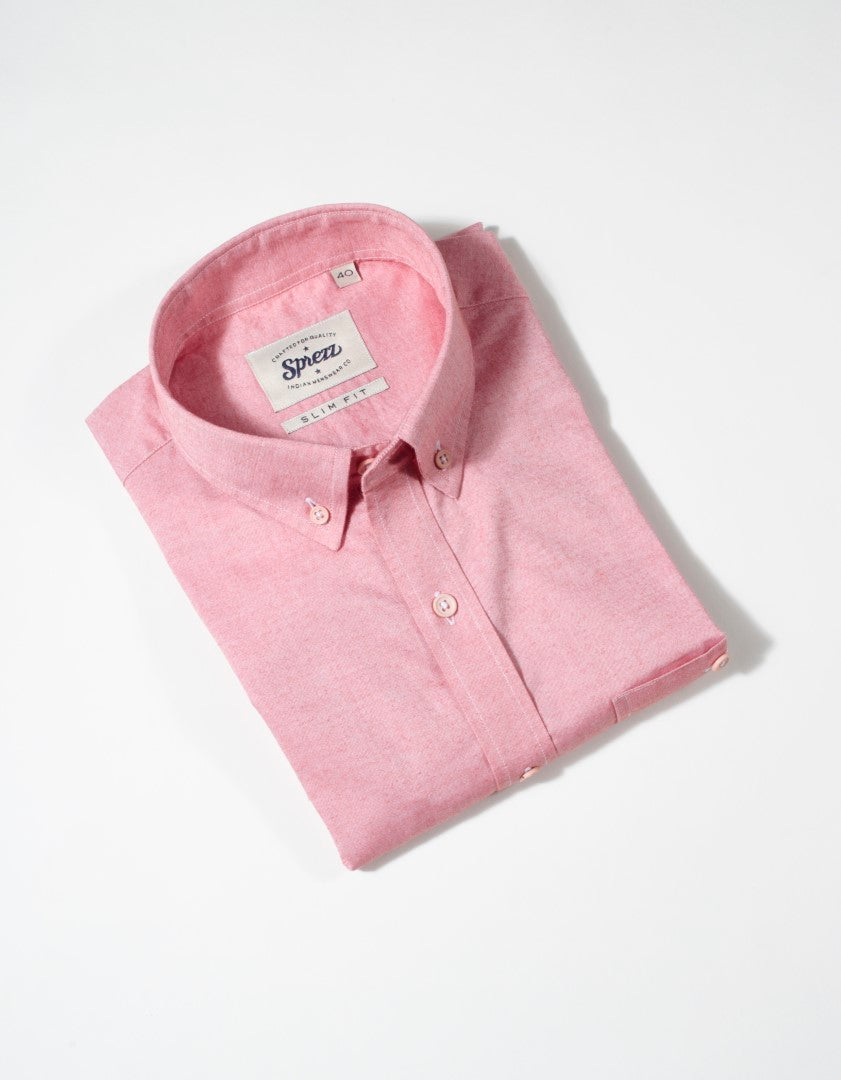Salmon Pink Chambray Button Down Slim Fit Shirt