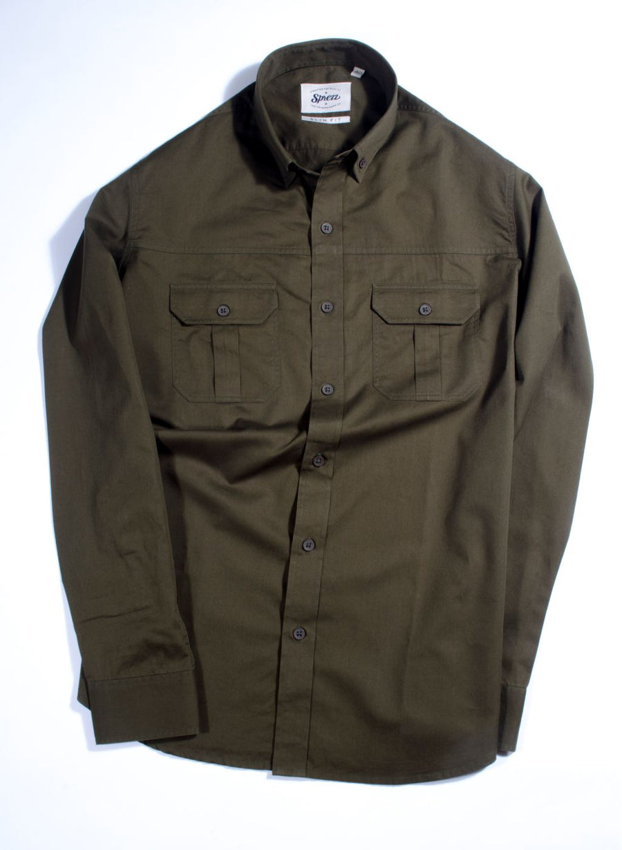 Olive Button Down Safari Slim Fit Shirt