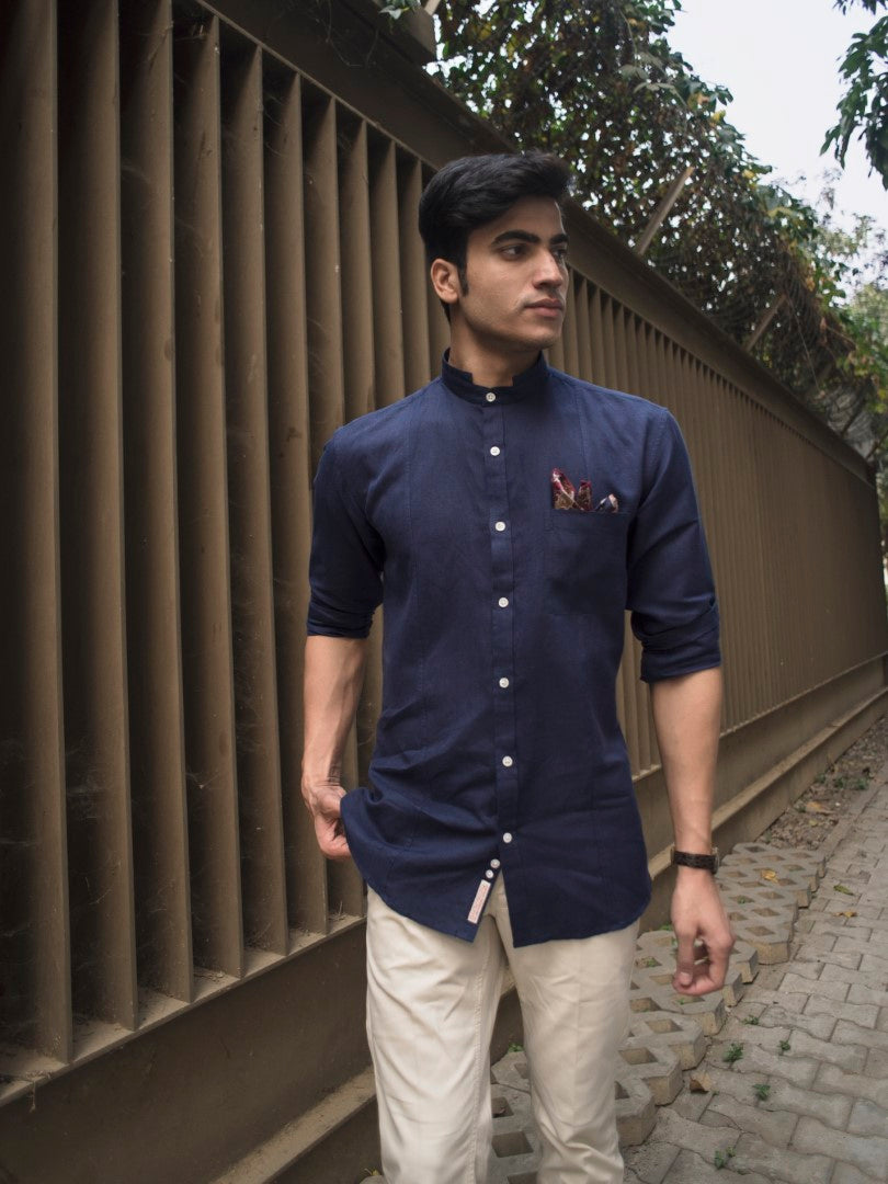 Indigo Cotton Linen Grandad Collar Slim Fit Shirt