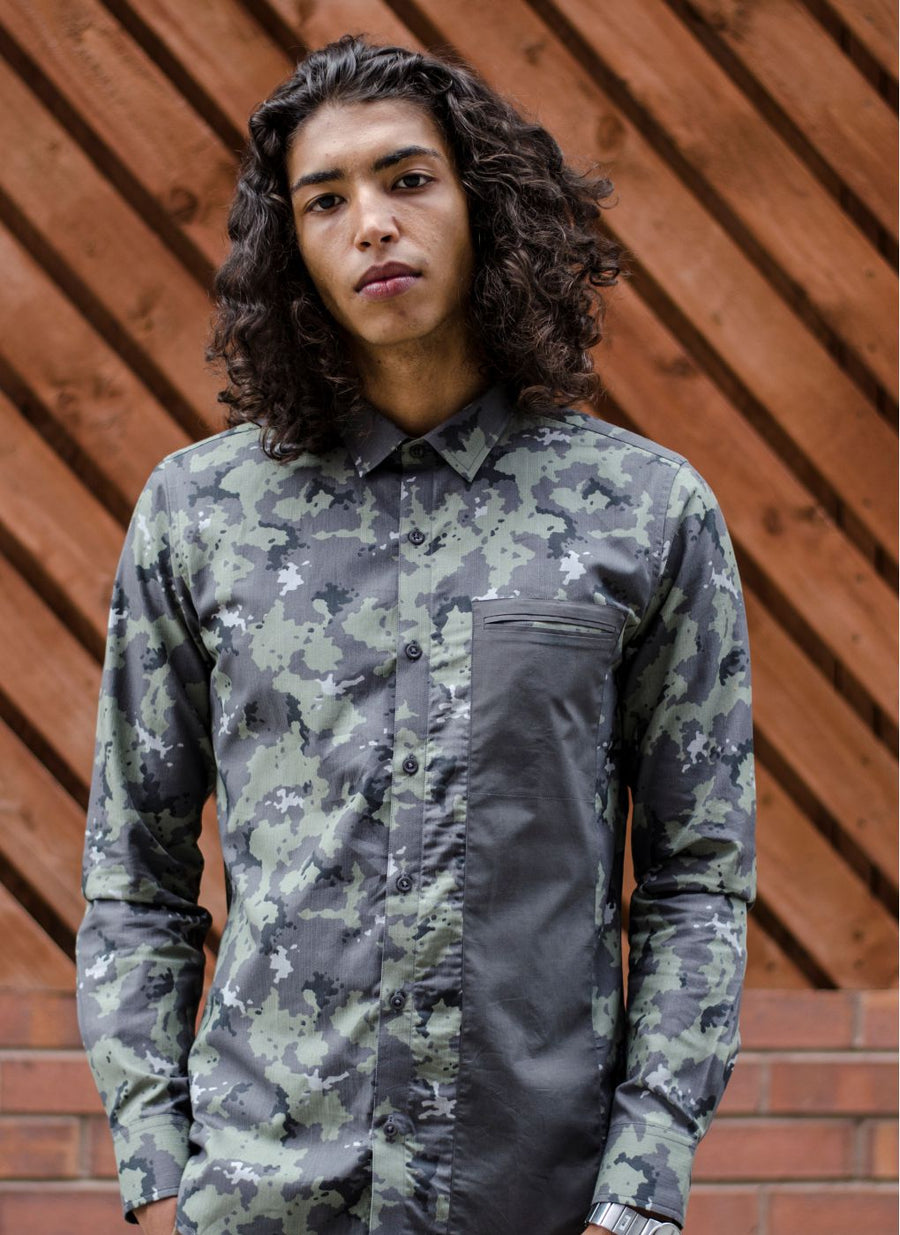 Camo Color Block Cutaway Collar Shirt