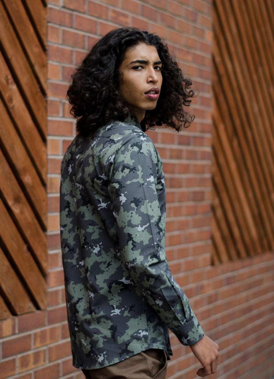 Camo Color Block Cutaway Collar Shirt