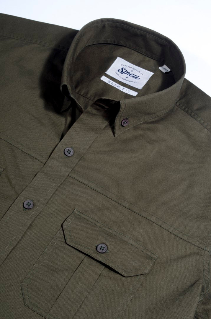 Olive Button Down Safari Slim Fit Shirt