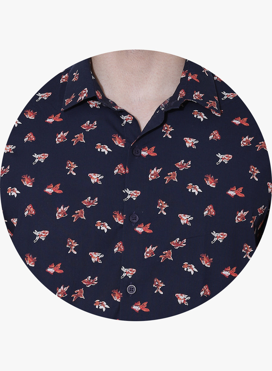 Calico Fish Print Cutaway Collar Shirt